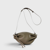 JONES + CO Bon-Bon taupe leather shoulder bag with pleated ends and adjustable strap