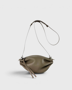 JONES + CO Bon-Bon taupe leather shoulder bag with pleated ends and adjustable strap