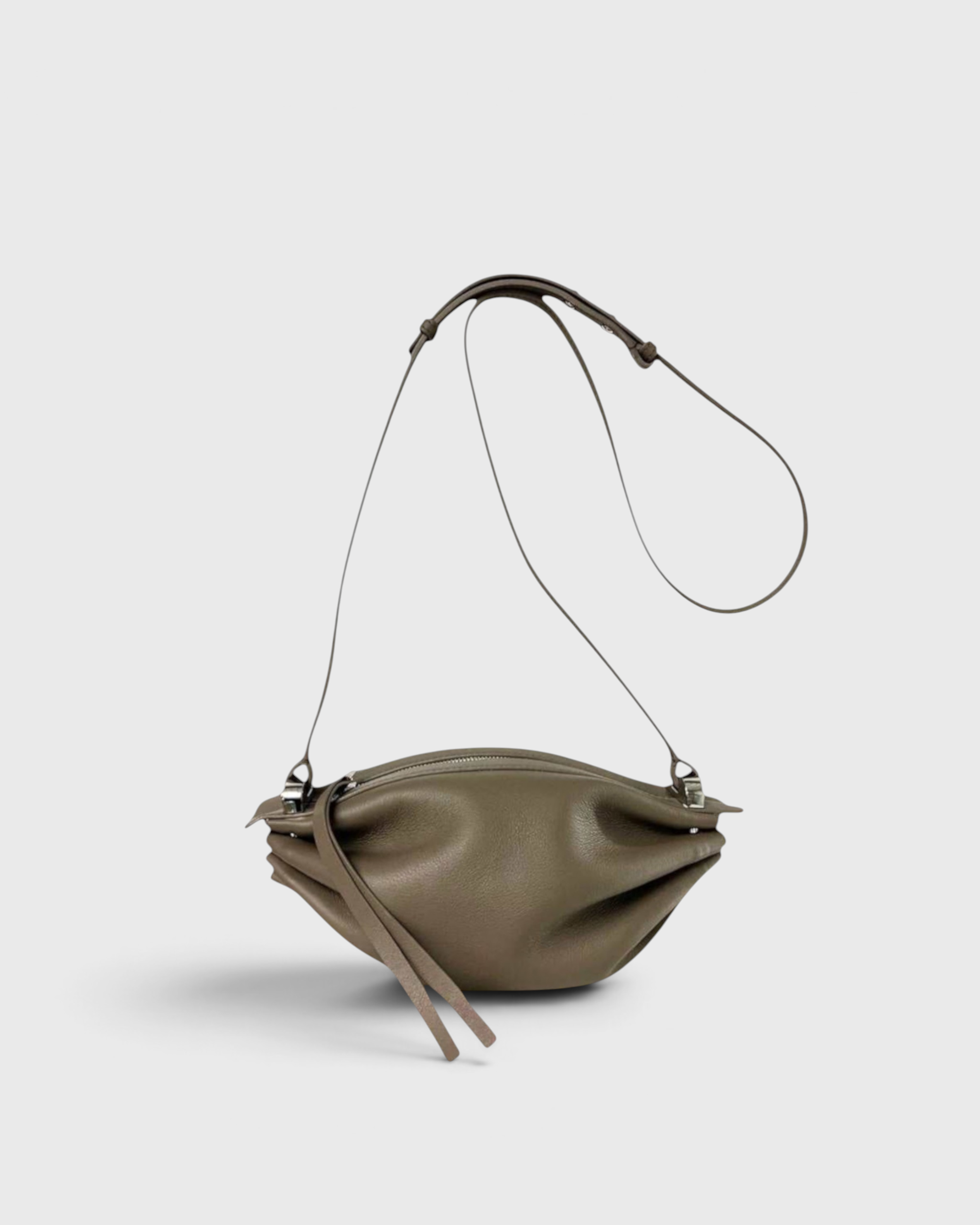 JONES + CO Bon-Bon taupe leather shoulder bag with pleated ends and adjustable strap