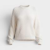 JONES + CO bone white cotton knit crew neck sweater with relaxed sleeves and cropped silhouette.