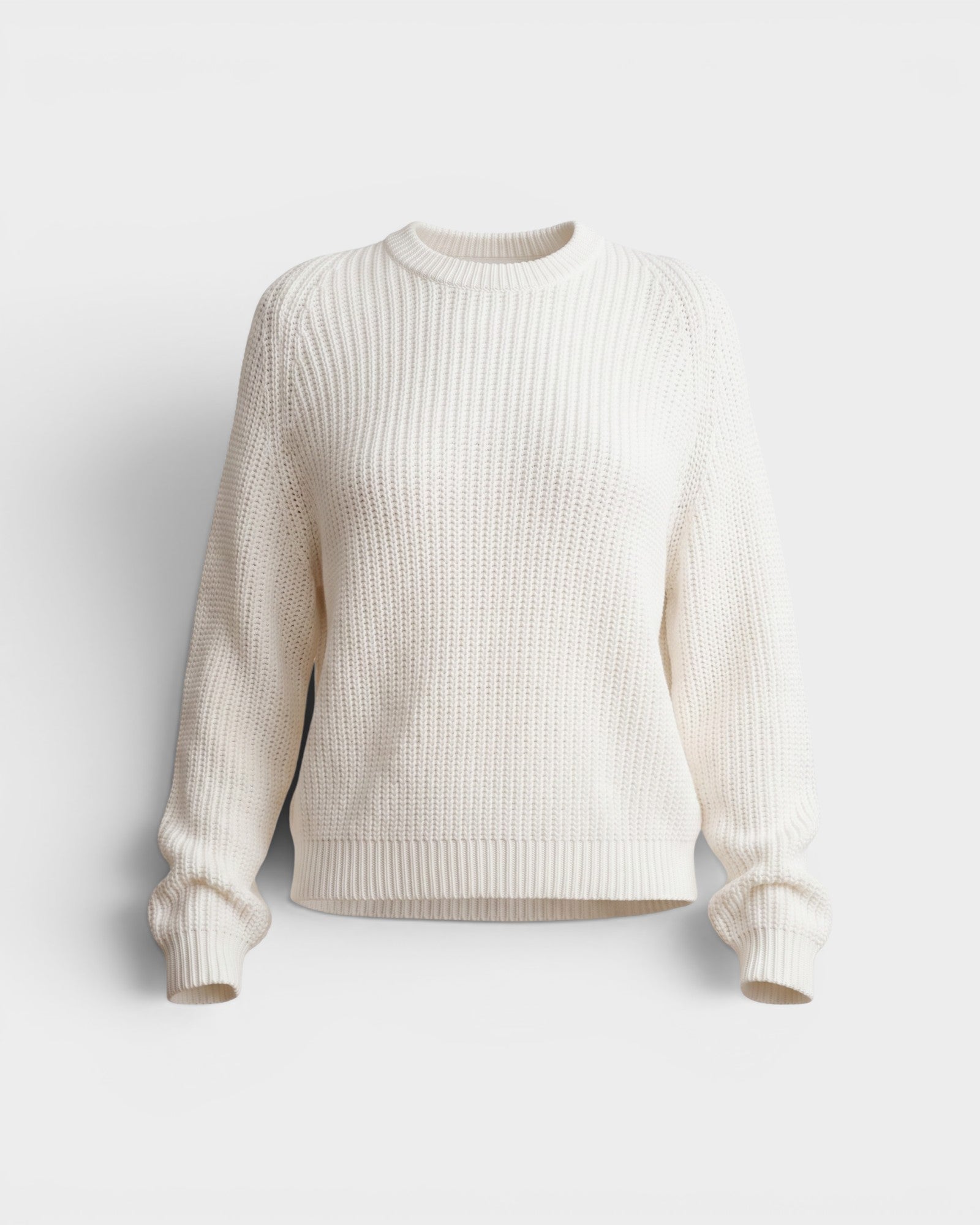 JONES + CO bone white cotton knit crew neck sweater with relaxed sleeves and cropped silhouette.
