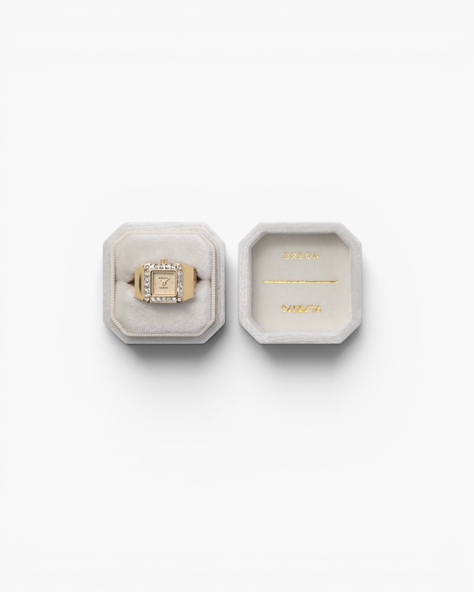 JONES + CO Breda x Dalmata gold-plated stainless steel square ring watch with crystal bezel in a velvet box