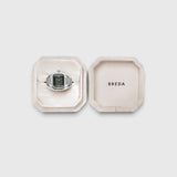JONES + CO BREDA Nocturne Time Ring in silver stainless steel with a smoke-colored crystal in a velvet jewelry box.