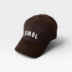 JONES + CO brown baseball cap with white inverted text embroidery on the front panel
