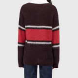 JONES + CO relaxed fit alpaca-wool blend polo jumper in cinder brown with red and white rugby stripes, back view.