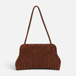 JONES + CO Le Sac brown handwoven suede shoulder bag with a structured frame and braided strap