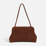 JONES + CO Le Sac brown handwoven suede shoulder bag with a structured frame and braided strap