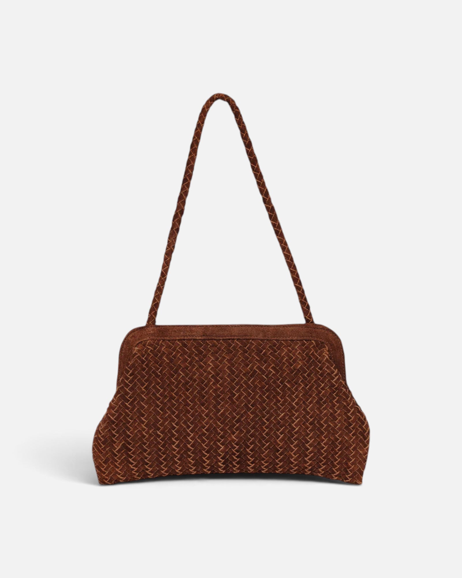 JONES + CO Le Sac brown handwoven suede shoulder bag with a structured frame and braided strap