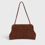 JONES + CO Le Sac brown handwoven suede shoulder bag with a structured frame and braided strap