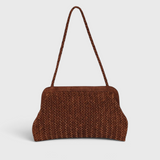 JONES + CO Le Sac brown handwoven suede shoulder bag with a structured frame and braided strap