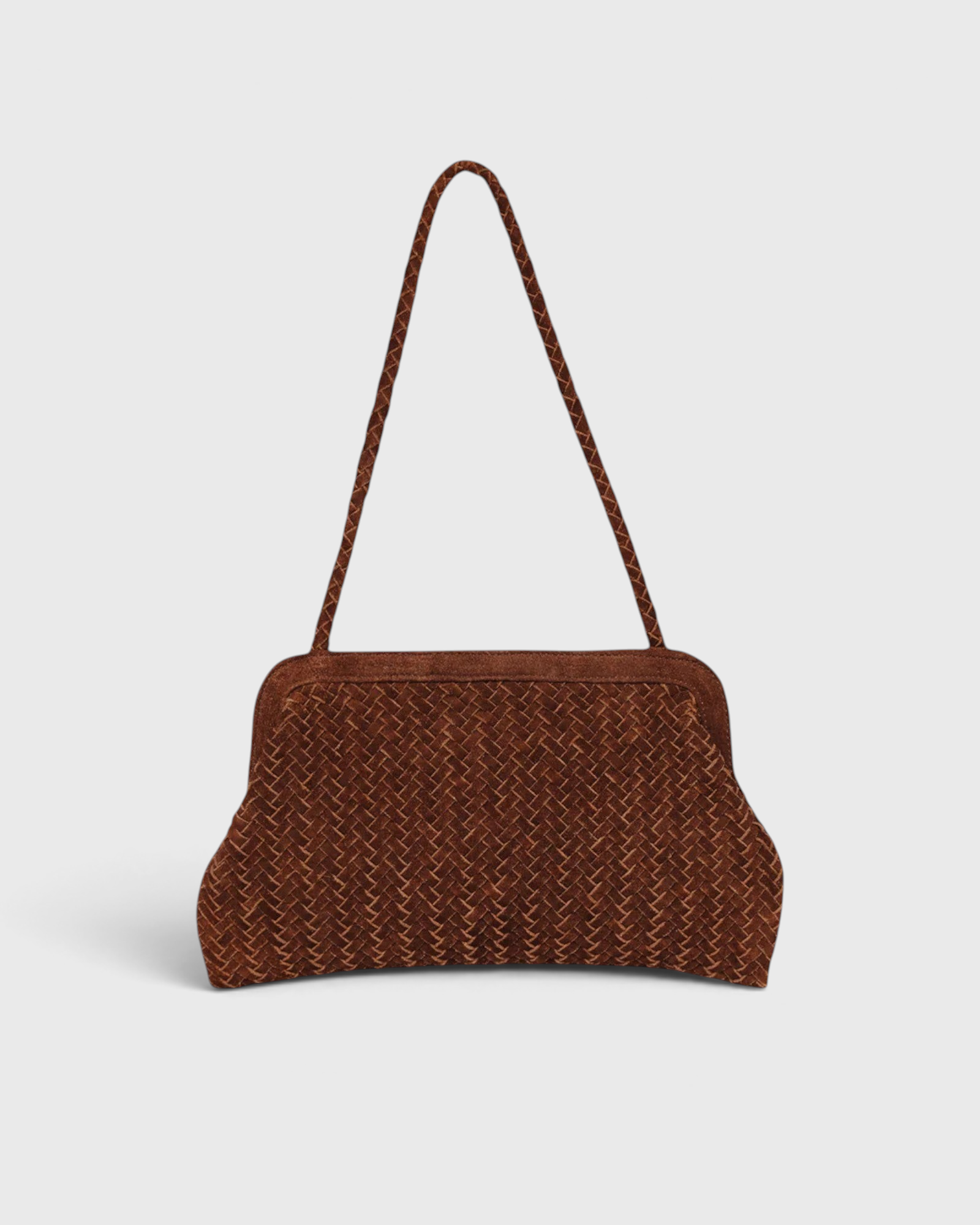 JONES + CO Le Sac brown handwoven suede shoulder bag with a structured frame and braided strap