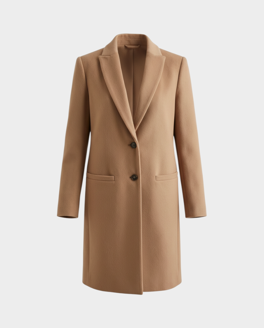 JONES + CO camel wool cashmere tailored coat with a notch collar and two-button closure in a structured silhouette.