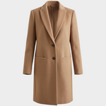 JONES + CO camel wool cashmere tailored coat with a notch collar and two-button closure in a structured silhouette.