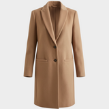 JONES + CO camel wool cashmere tailored coat with a notch collar and two-button closure in a structured silhouette.