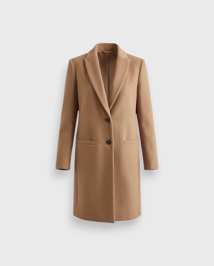 JONES + CO camel wool cashmere tailored coat with a notch collar and two-button closure in a structured silhouette.