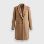 JONES + CO camel wool cashmere tailored coat with a notch collar and two-button closure in a structured silhouette.
