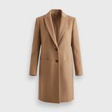 JONES + CO camel wool cashmere tailored coat with a notch collar and two-button closure in a structured silhouette.