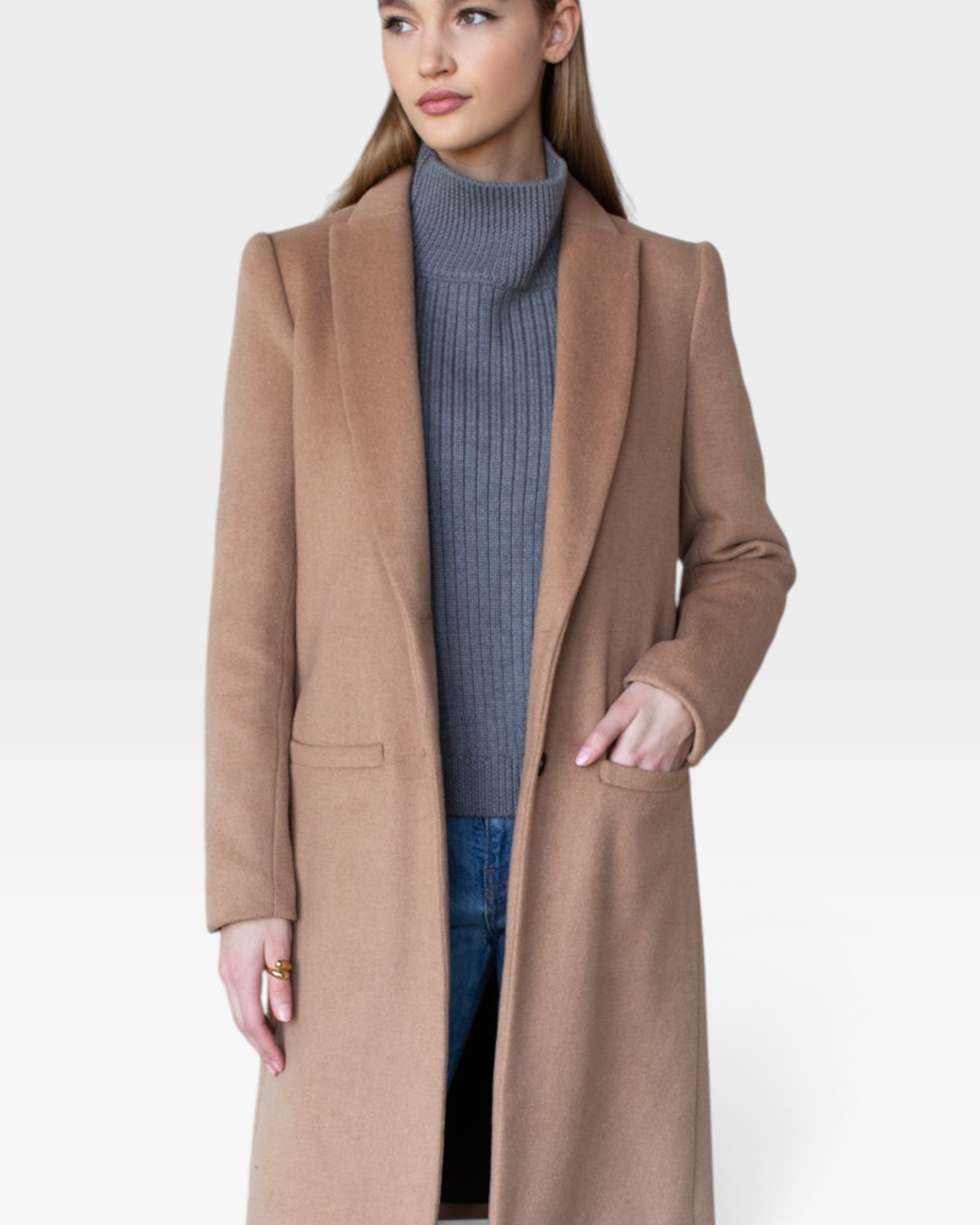 JONES + CO camel wool cashmere tailored coat with notch collar worn by a model over a grey turtleneck and jeans