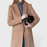 JONES + CO camel wool cashmere tailored coat with notch collar worn over a grey turtleneck and blue denim jeans.