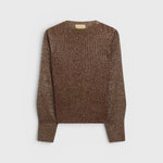 JONES + CO Loa ribbed lurex viscose turtleneck top in caramello brown with long amphora sleeves and shimmering finish