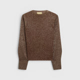 JONES + CO Loa ribbed lurex viscose turtleneck top in caramello brown with long amphora sleeves and shimmering finish