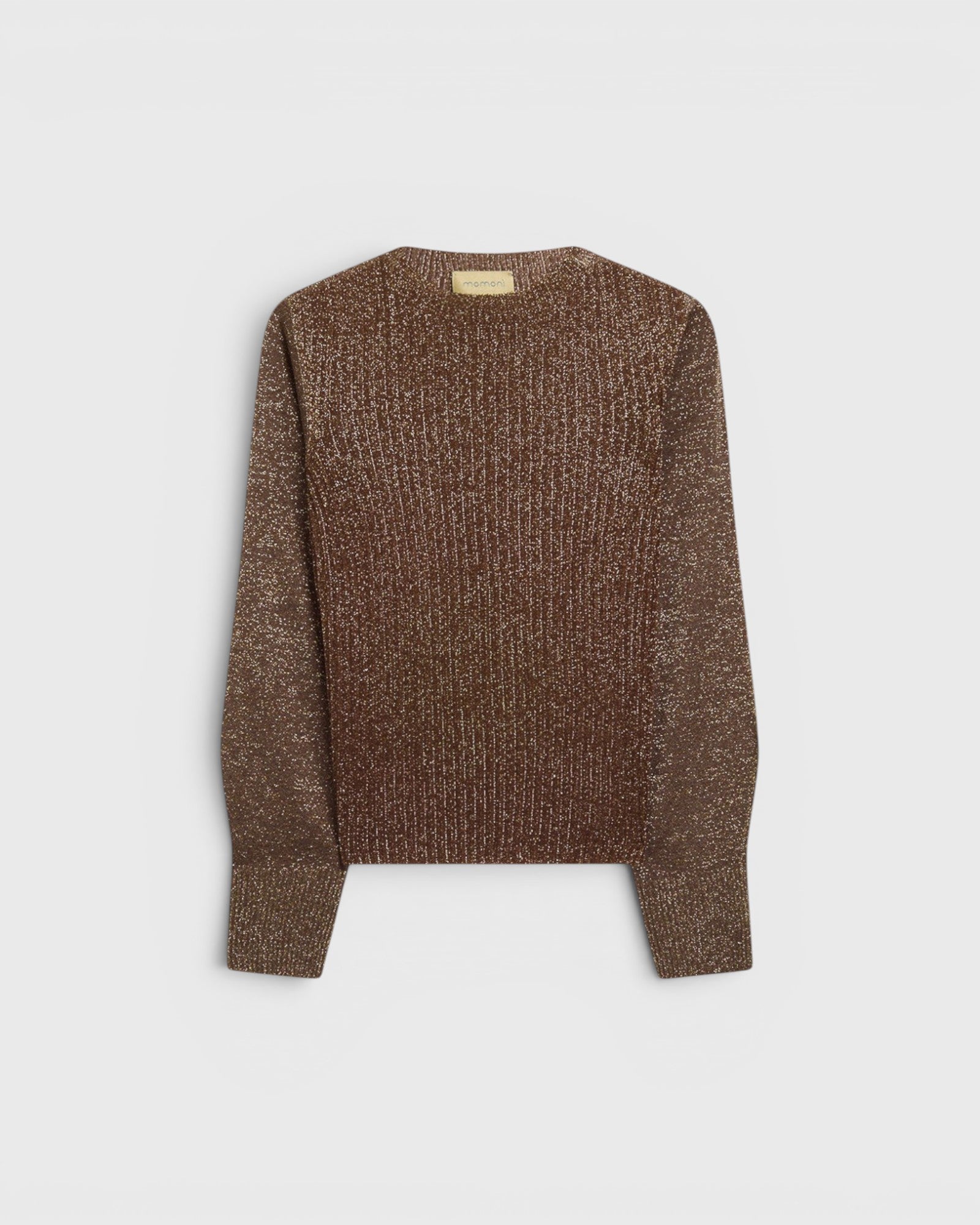 JONES + CO Loa ribbed lurex viscose turtleneck top in caramello brown with long amphora sleeves and shimmering finish