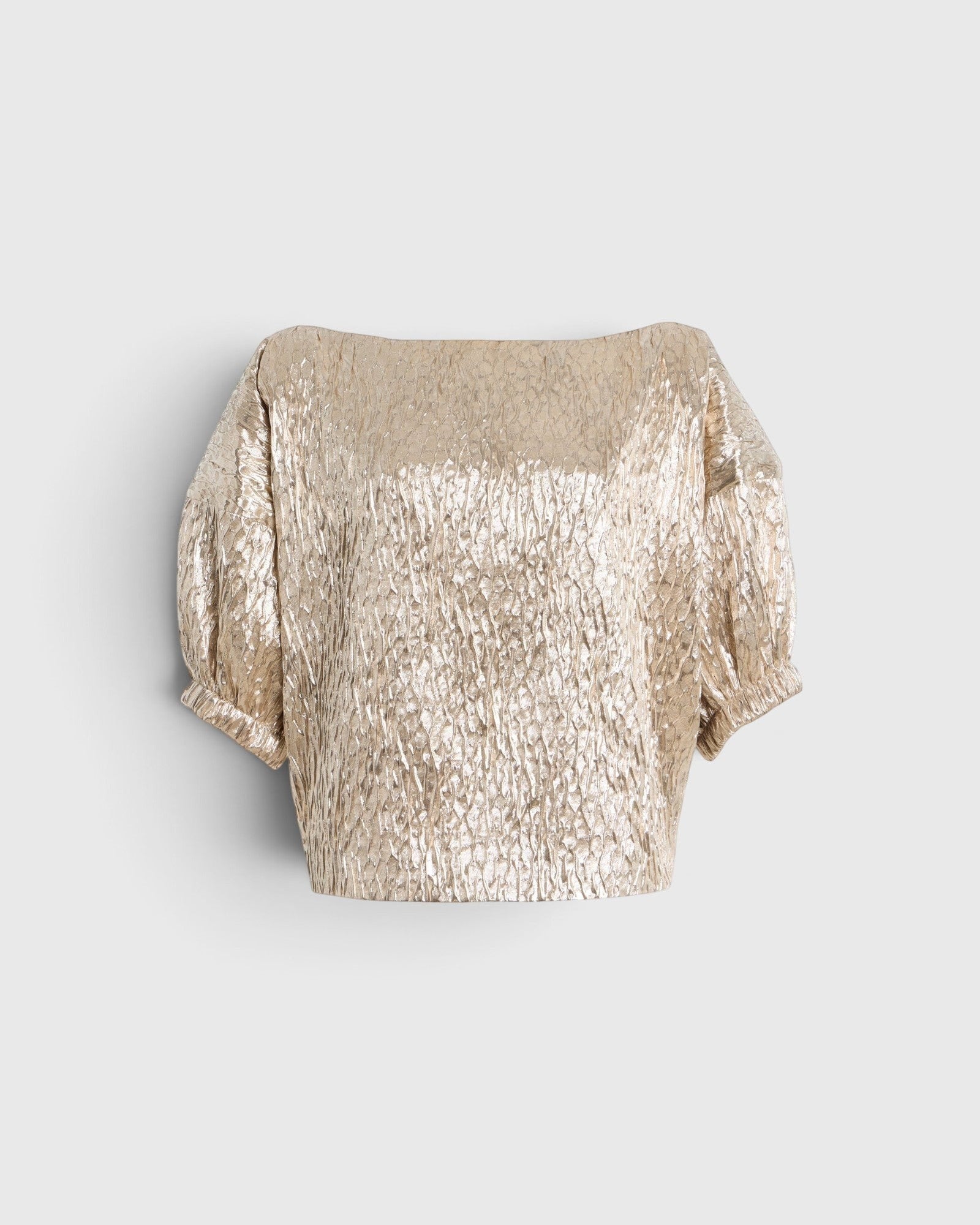 JONES + CO Filly Top in champagne shimmery textured silk with boat neckline and sculptural puff sleeves.