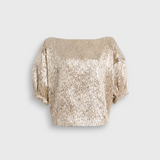 JONES + CO Filly Top in champagne shimmery textured silk with a boat neckline and sculptural puff sleeves.