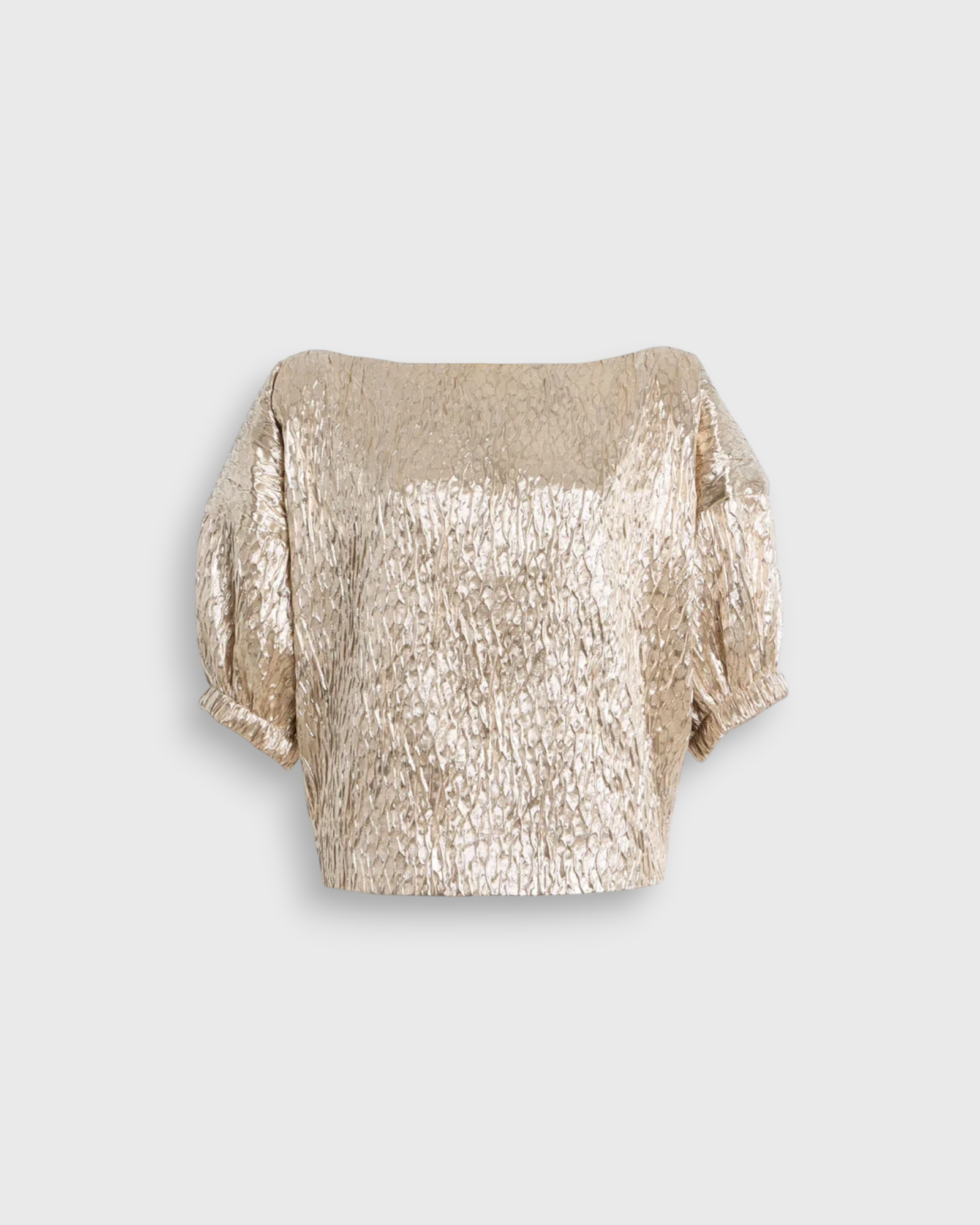 JONES + CO Filly Top in champagne shimmery textured silk with a boat neckline and sculptural puff sleeves.
