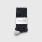 JONES + CO charcoal melange cashmere blend socks with wide ribbing and a contrasting light grey toe detail.