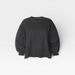 JONES + CO charcoal grey crewneck sweatshirt with drop shoulders, raw hem, and distressed details.