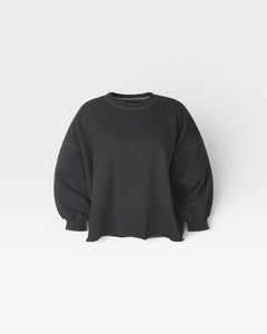JONES + CO charcoal grey crewneck sweatshirt with drop shoulders, raw hem, and distressed details.