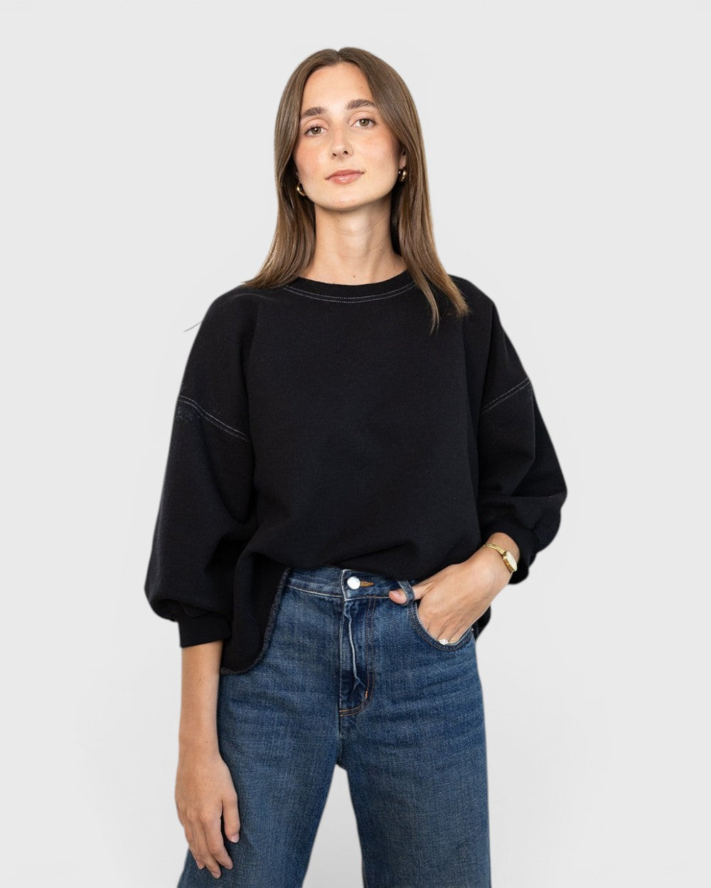 JONES + CO Rachel Comey charcoal crewneck sweatshirt with drop shoulders, cropped sleeves, and raw edge hemline.