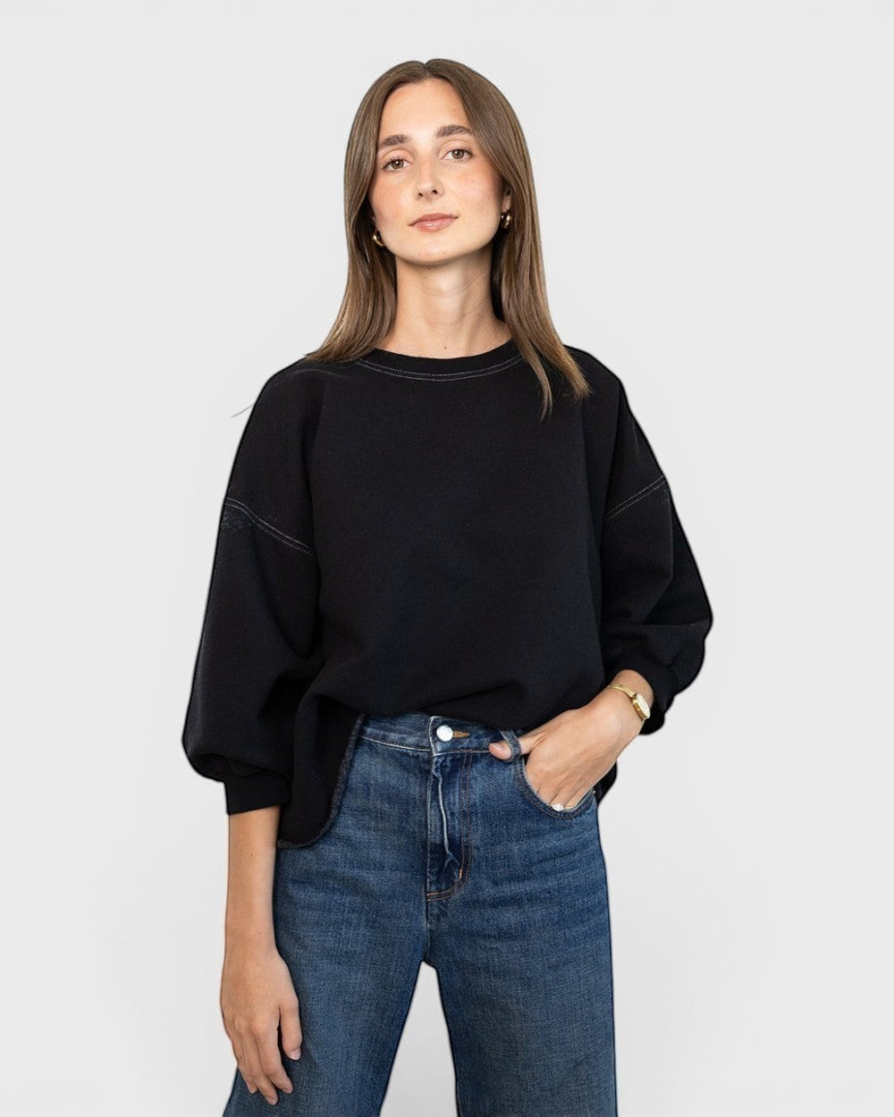 JONES + CO Rachel Comey charcoal crewneck sweatshirt with drop shoulders, cropped sleeves, and raw edge hemline.