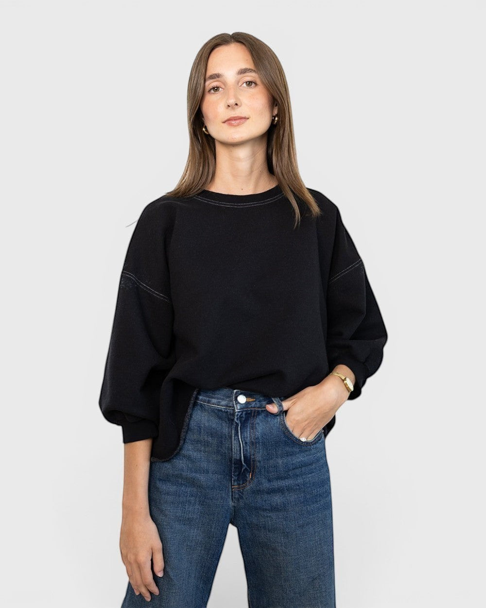 JONES + CO Rachel Comey charcoal crewneck sweatshirt with drop shoulders, cropped sleeves, and raw edge hemline.