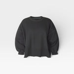 JONES + CO charcoal Fond crewneck sweatshirt with drop shoulders, cropped sleeves, and a raw edge hemline.