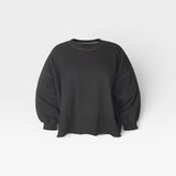 JONES + CO charcoal Fond crewneck sweatshirt with drop shoulders, cropped sleeves, and a raw edge hemline.