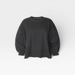 JONES + CO charcoal Fond crewneck sweatshirt with drop shoulders, cropped sleeves, and a raw edge hemline.