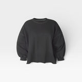 JONES + CO charcoal Fond crewneck sweatshirt with drop shoulders, cropped sleeves, and a raw edge hemline.