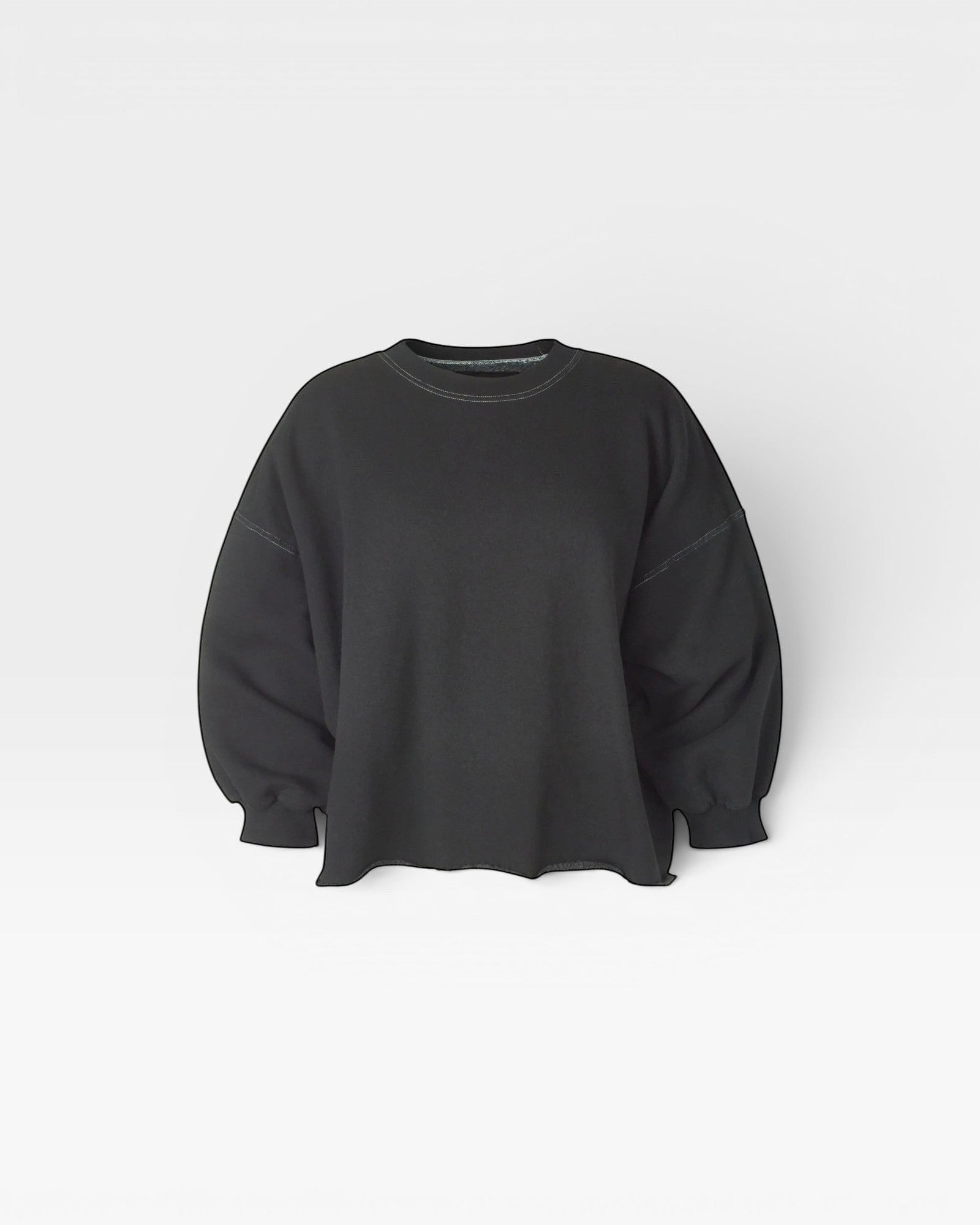 JONES + CO charcoal Fond crewneck sweatshirt with drop shoulders, cropped sleeves, and a raw edge hemline.
