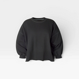 JONES + CO charcoal Fond crewneck sweatshirt with drop shoulders, cropped sleeves, and a raw edge hemline.