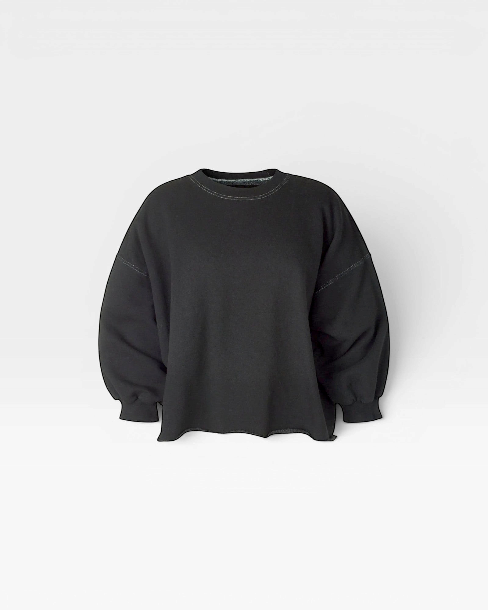 JONES + CO charcoal Fond crewneck sweatshirt with drop shoulders, cropped sleeves, and a raw edge hemline.
