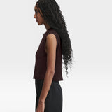 JONES + CO chocolate brown sleeveless crewneck top in textured cotton boucle with hand crocheted picot trim