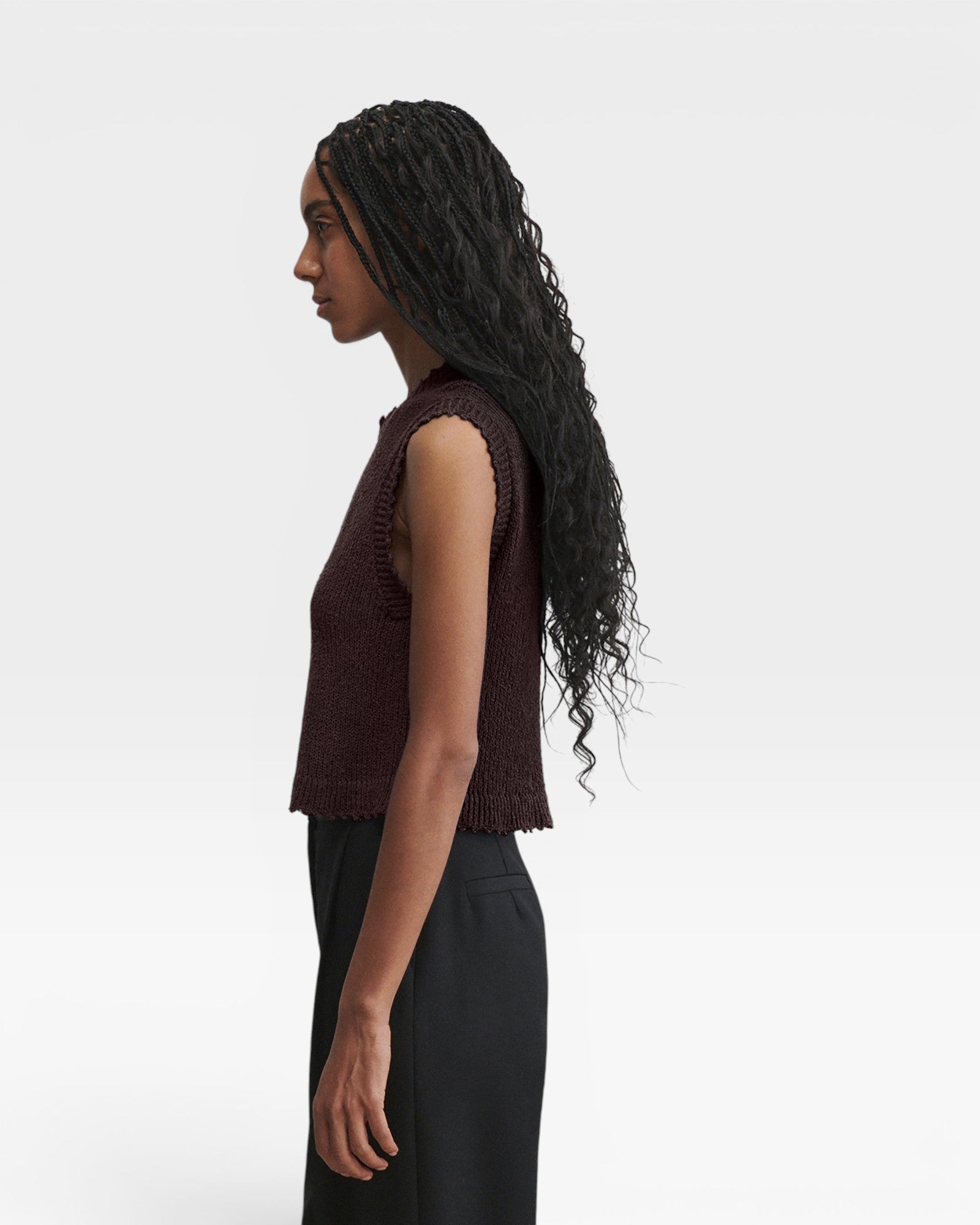 JONES + CO chocolate brown sleeveless crewneck top in textured cotton boucle with hand crocheted picot trim