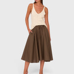 JONES + CO Angie Skirt in chocolate brown Italian cotton poplin with a drawstring waist and side pockets