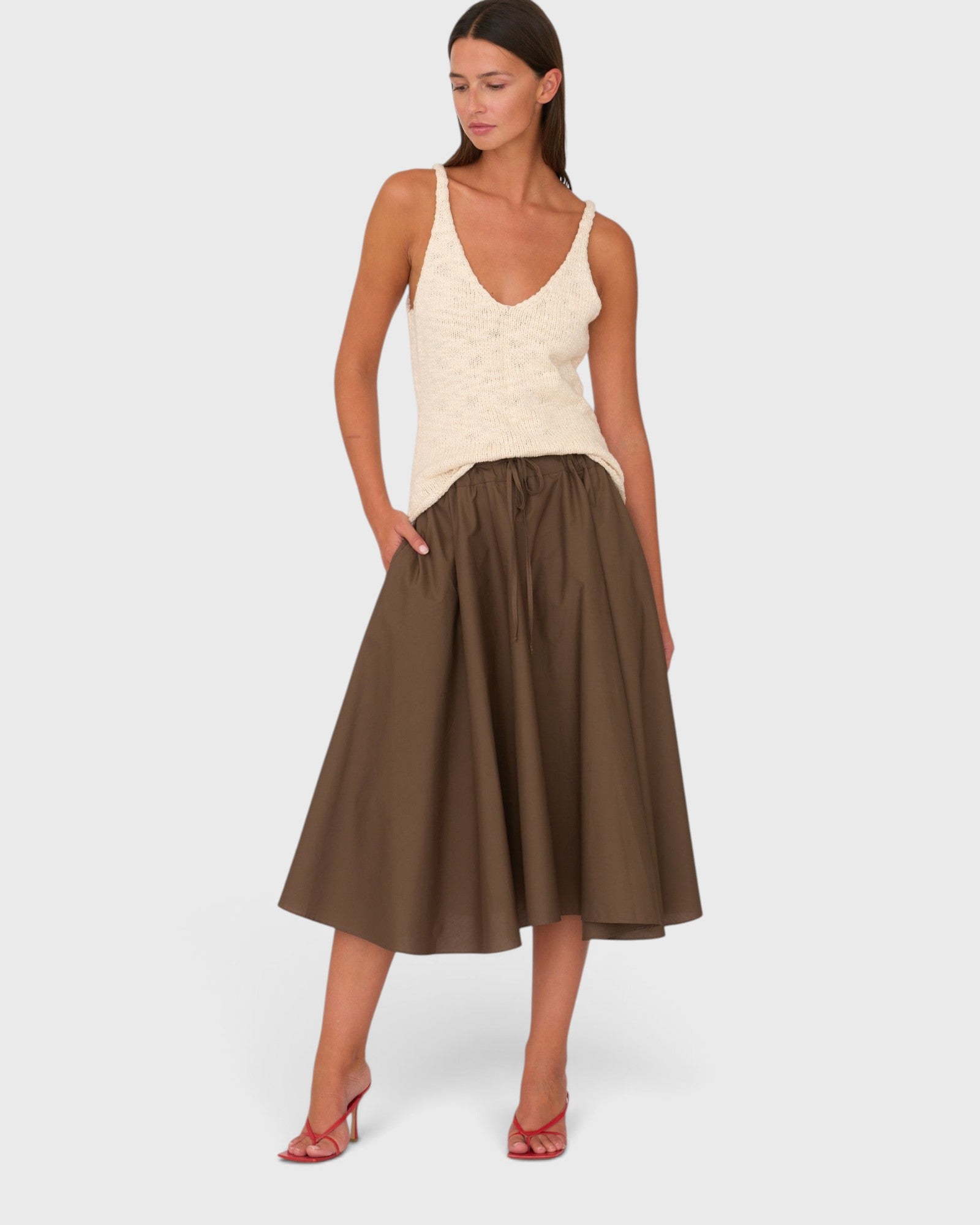 JONES + CO Angie Skirt in chocolate brown Italian cotton poplin with a drawstring waist and side pockets