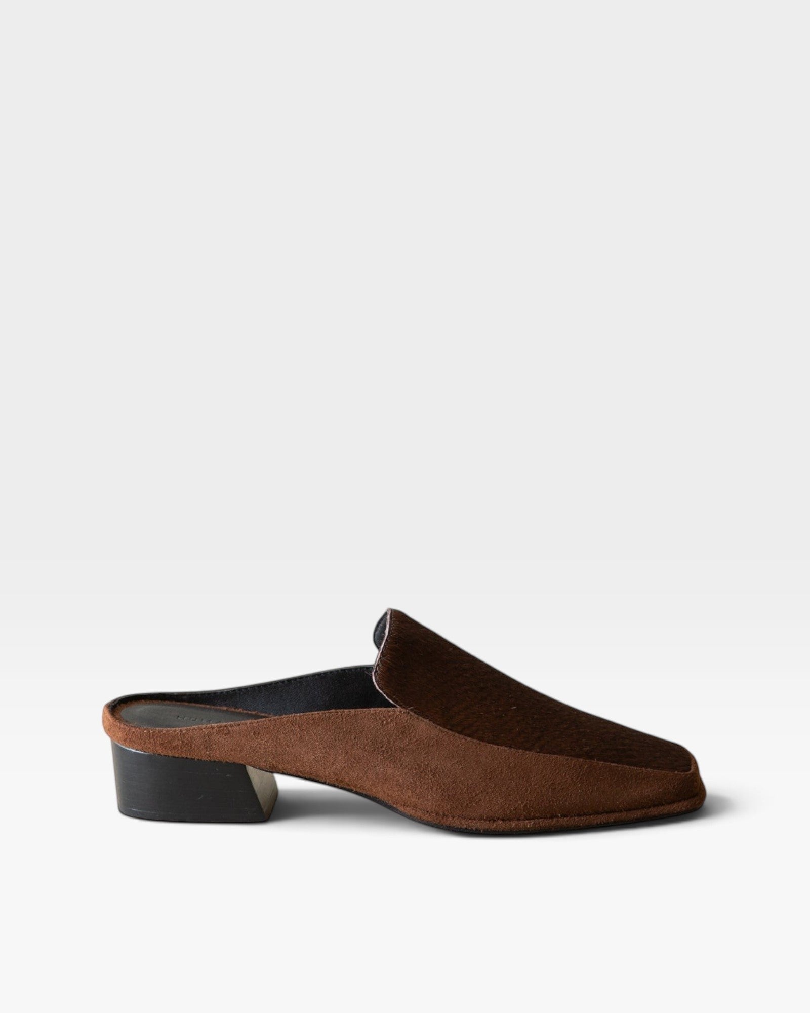 JONES + CO Felix loafer mule in chocolate brown calf hair with a square toe and low block heel