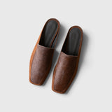 JONES + CO Felix loafer mules in chocolate calf hair with a square toe and slip-on silhouette