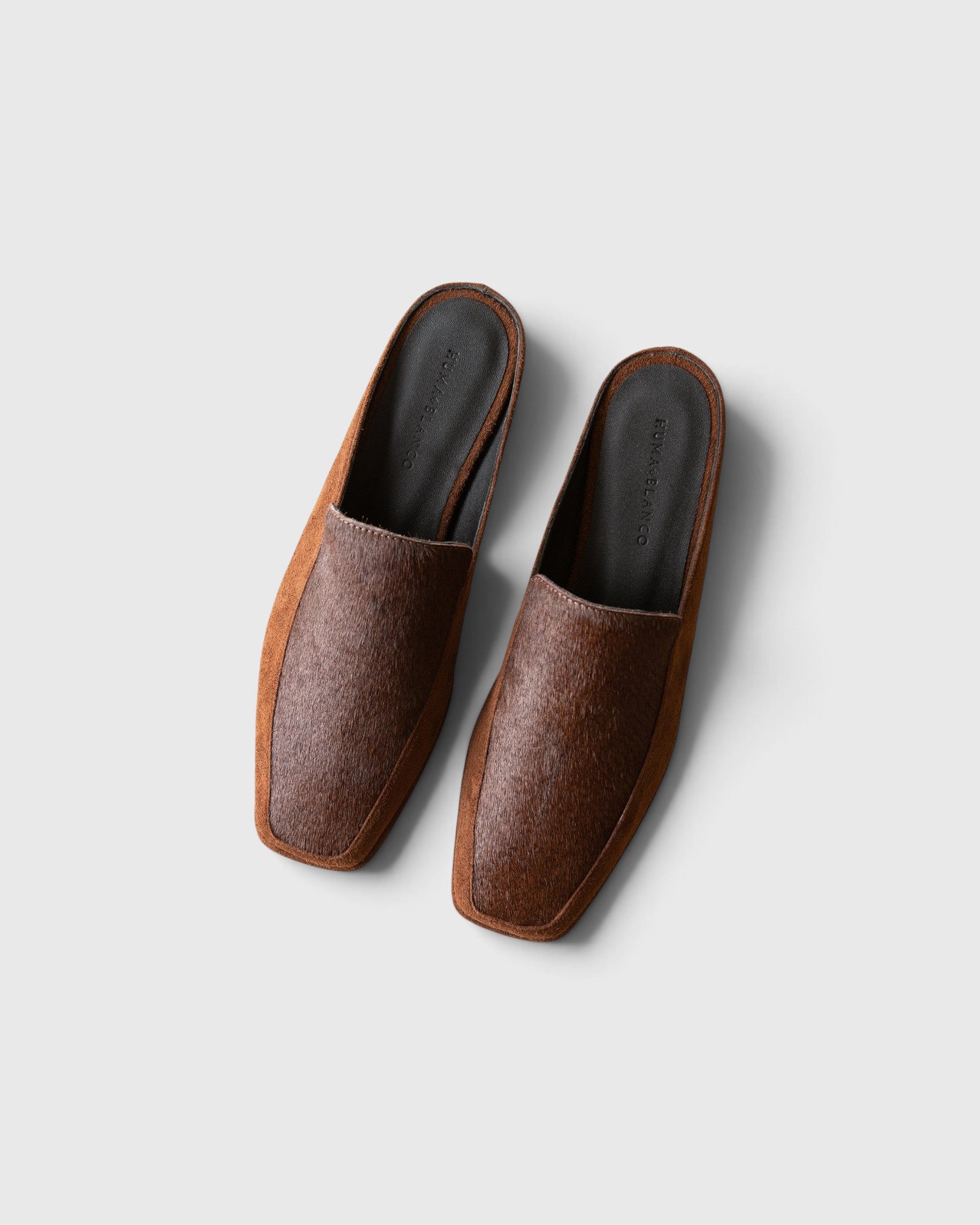 JONES + CO Felix loafer mules in chocolate calf hair with a square toe and slip-on silhouette