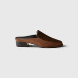 JONES + CO Felix loafer mule in chocolate calf hair with a square toe and sculpted leather-wrapped wood heel.